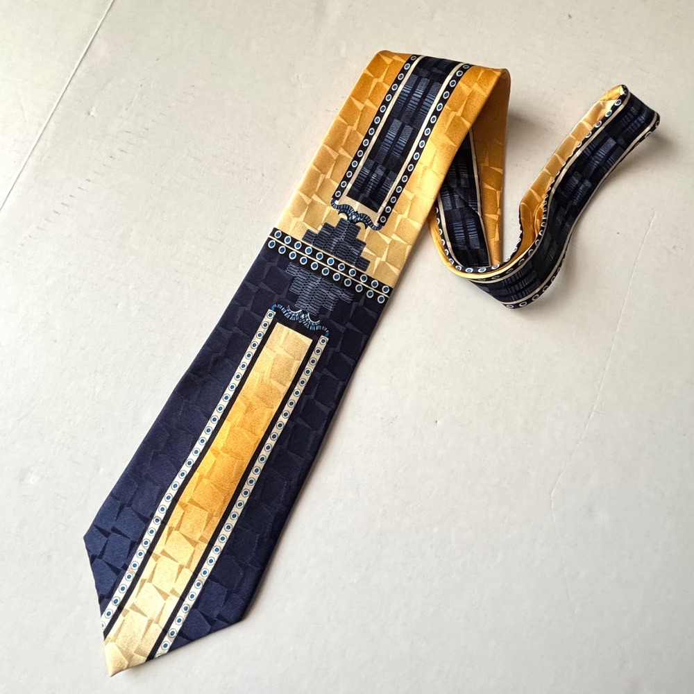 Bruno Rossi Mens Silk Tie Navy Blue Gold Geometric Block Necktie 90s Retro‎